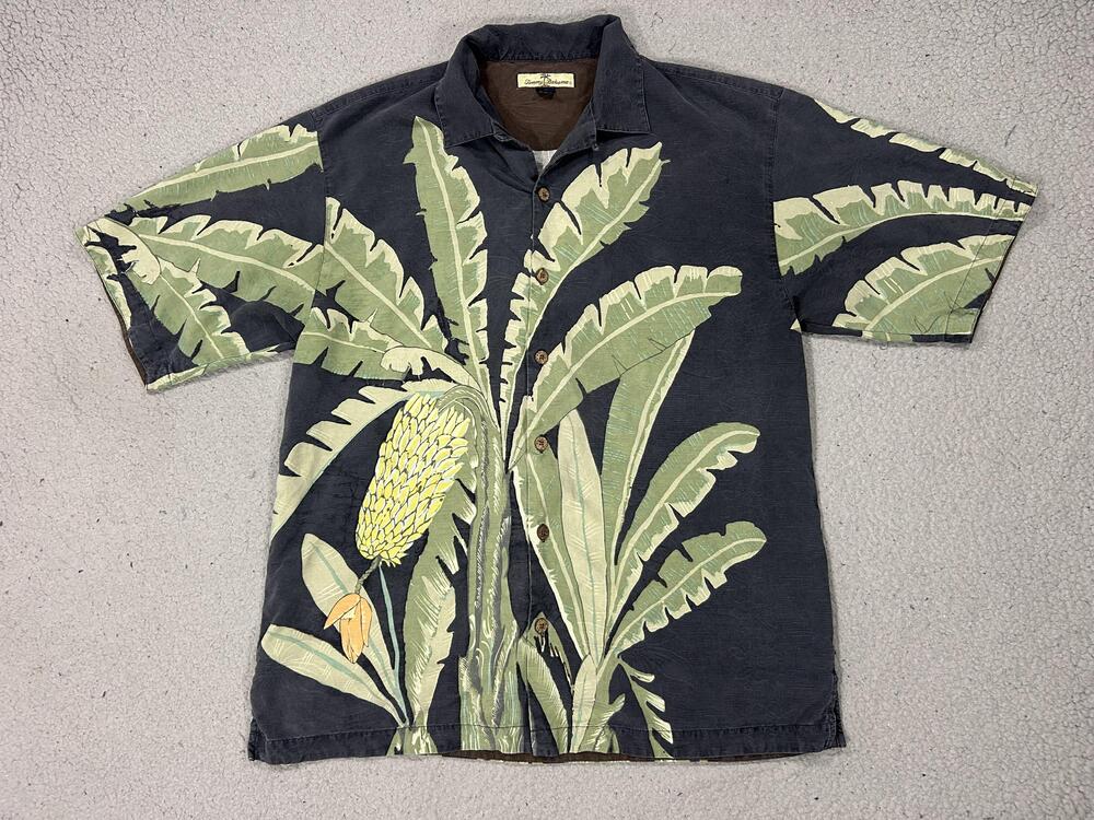 Tommy Bahama Shirt Mens Medium Green Silk Banana Leaf Hawaiian Aloha Camp